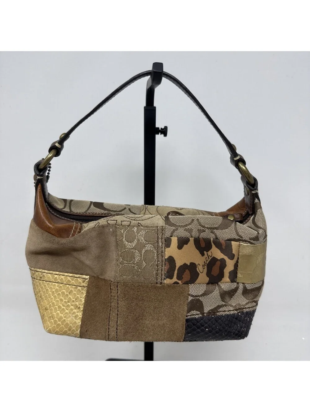 Coach Patchwork Shoulder Bag Brown Signature Leopard Y2K Mini Hobo Purse